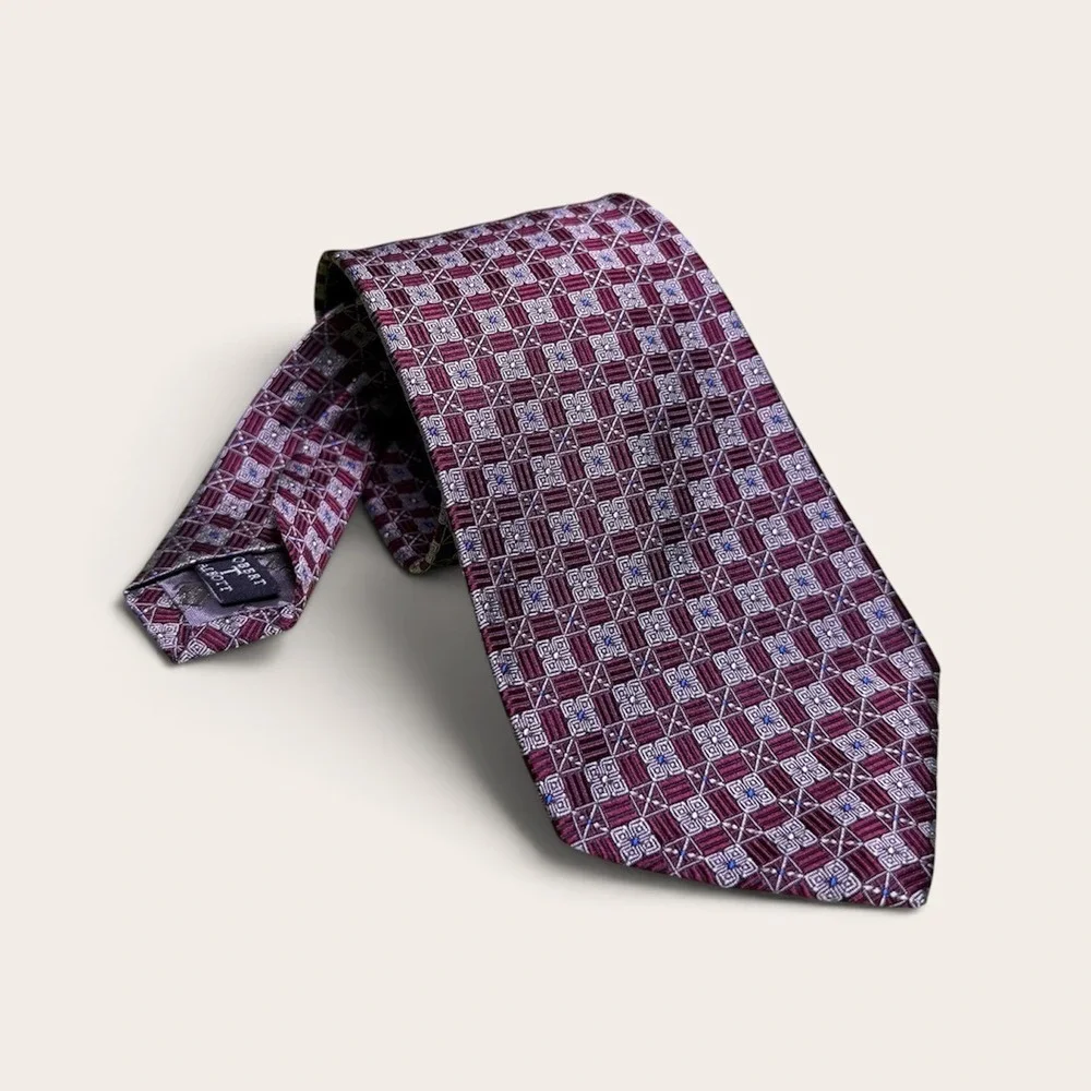 Robert Talbott Best of Class Hubert White Silk Tie Burgundy Geometric Hand Sewn